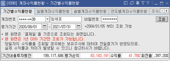 2020년 8월부터 2021년 7월까지 JADOO G6 버전 2년차 실계좌 수익률 41.78% 원본