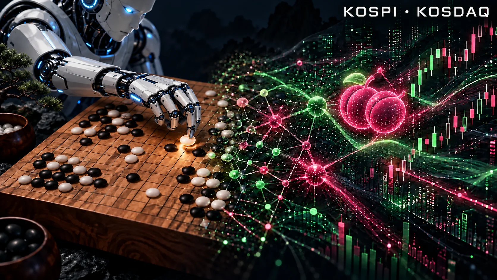 인공지능 로봇이 바둑돌을 놓고, 바둑판이 KOSPI·KOSDAQ 시장 데이터와 자두 열매 심볼을 중심으로 한 신경망 학습 구조로 이어지는 개념 이미지